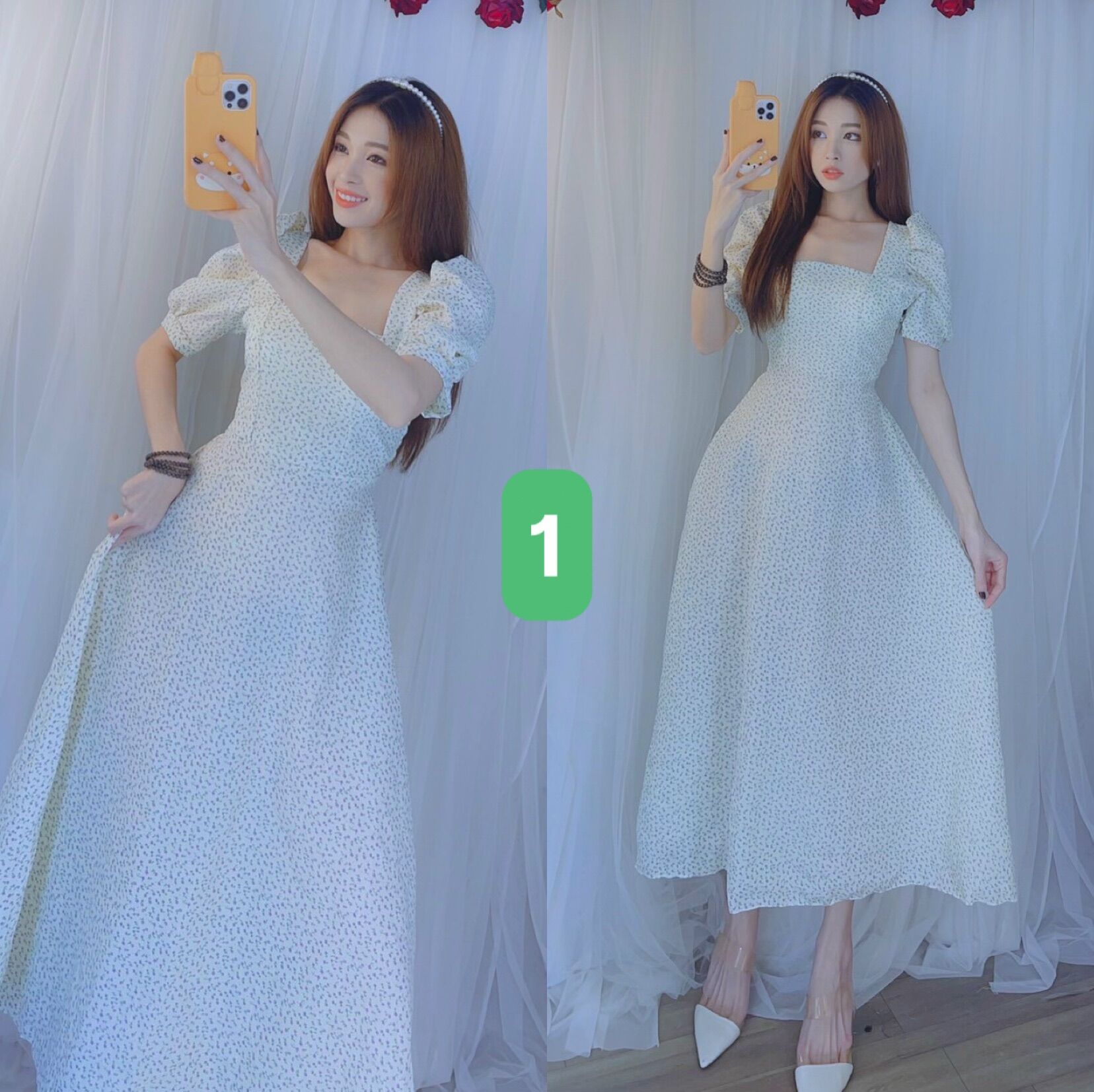 Đầm maxi dáng suông vintage tay phồng hoa nhí đi chơi đi tiệc siêu đẹp hình thật - Unisex Shop