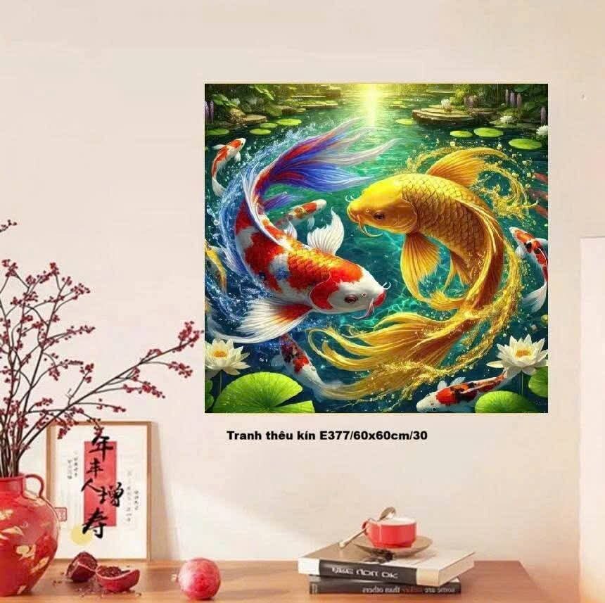 Tặng kéo + xỏ chỉ - Tranh thêu chữ thập Song ngư - KT:50x50cm_ E377_chưa thêu