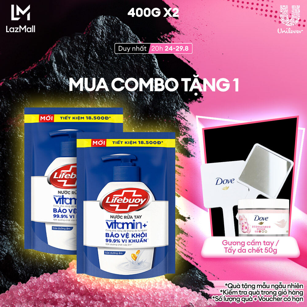 Combo 2 Nước Rửa Tay Lifebuoy Công thức Vitamin+ Sữa Dưỡng Ẩm Túi 400g