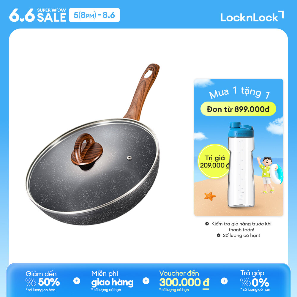 LBU1285 - Chảo nhôm sâu lòng chống dính Lock&Lock BAUM Marble 28cm, 1 tay cầm, nắp thủy tinh Dùng được bếp từ Hàng chính hãng