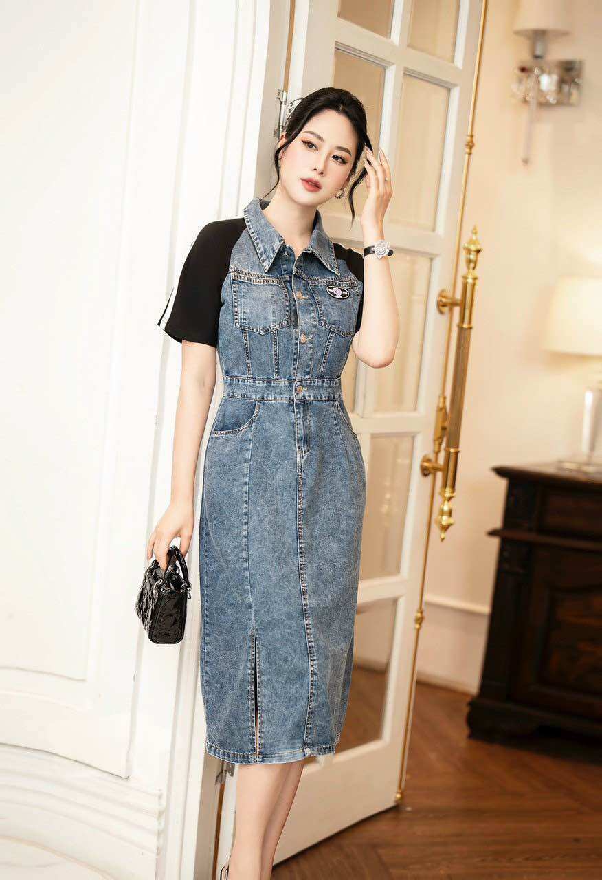 ( HÀNG QUẢNG CHÂU CAO CẤP ) VÁY ĐẦM SƠ MI JEAN - PHỐI THUN CÁCH ĐIỆU ( CC5050524)