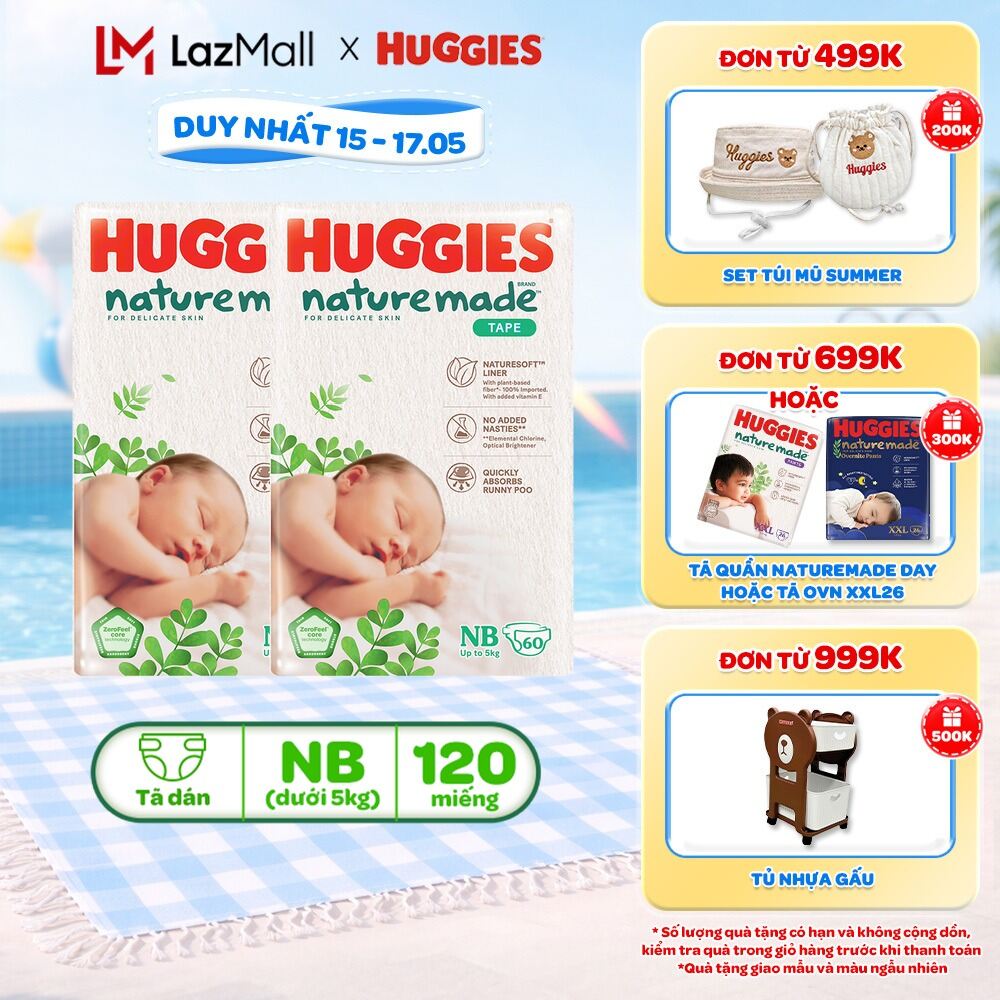 Combo 2 Tã/Bỉm dán sơ sinh Huggies NatureMade NB60 (dưới 5kg)-Gói Jumbo 60 miếng