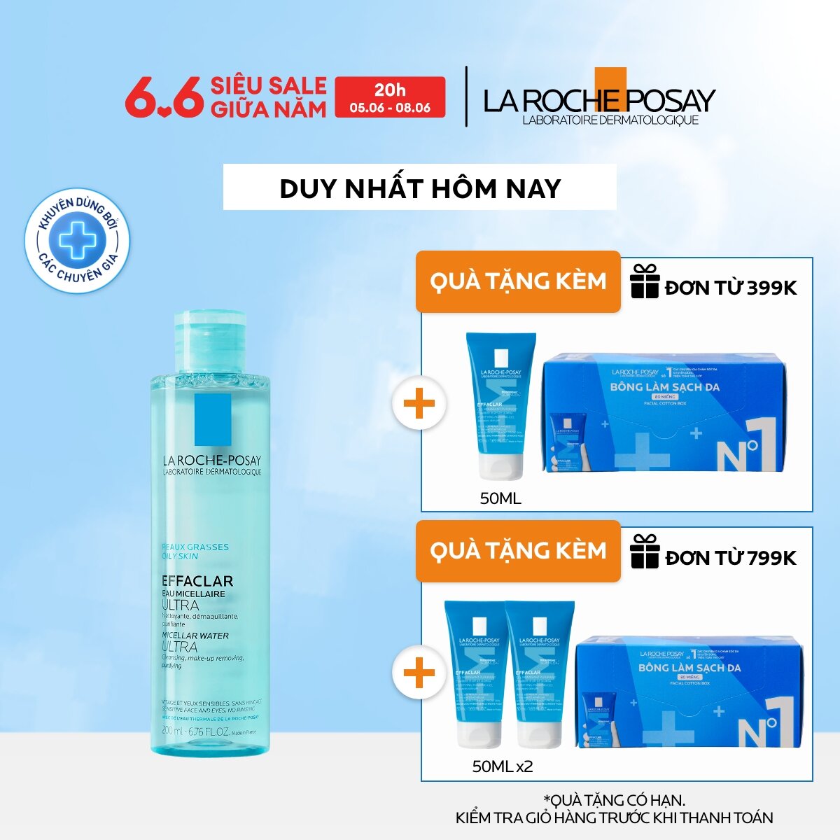 Nước làm sạch sâu và tẩy trang dành cho da mụn, da dầu nhạy cảm La Roche-Posay Effaclar Micellar Water 200ml