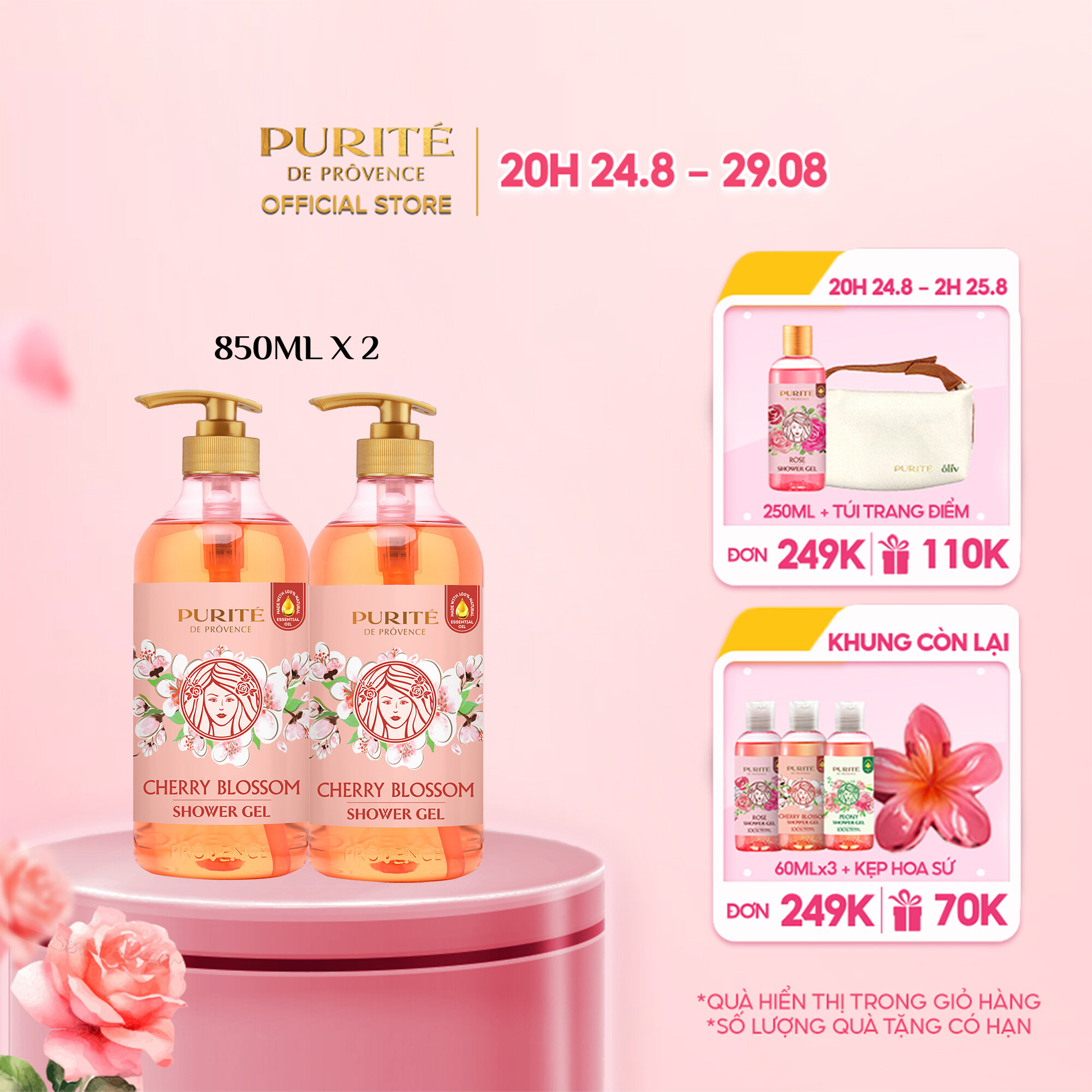 Combo 2 sữa tắm sáng mịn hoa anh đào purité 850ml/1chai