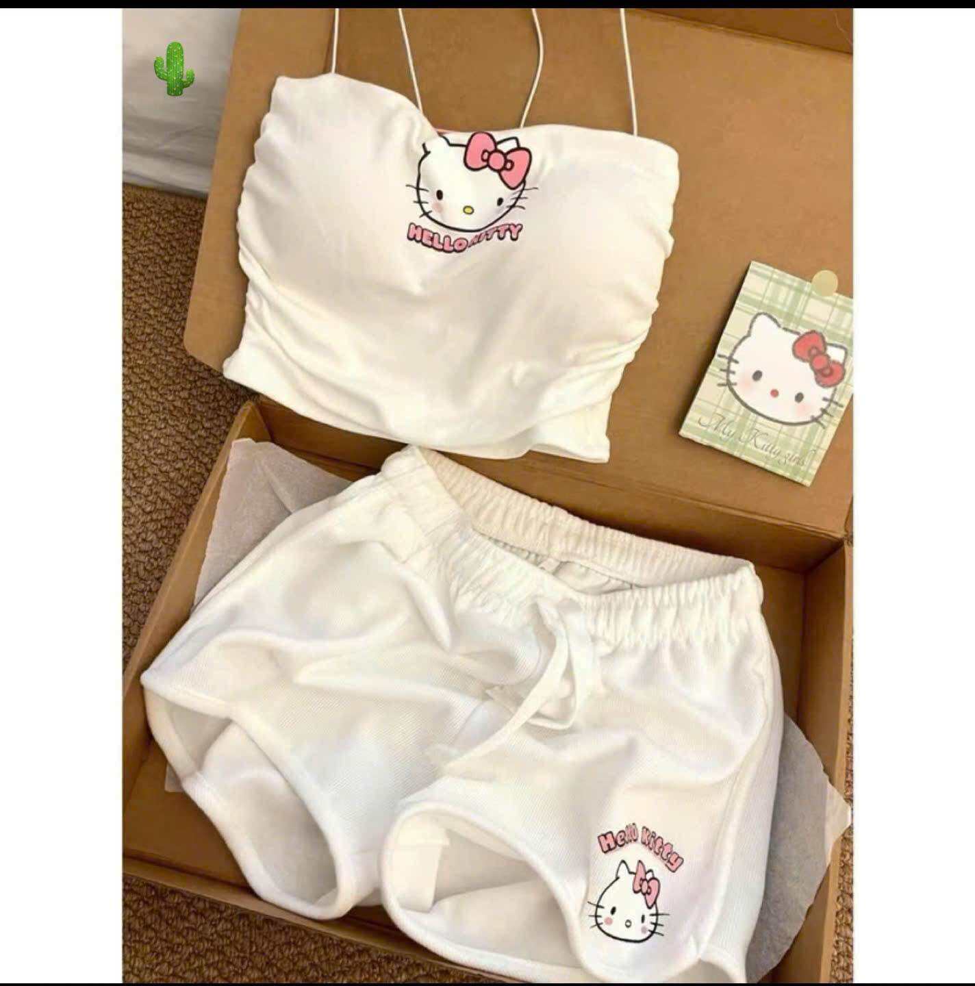 Set Bộ Borip Áo Hai Dây Bún Kitty Croptop Nhún Eo + Quần Short Lưng Chun Kitty Co Giãn
