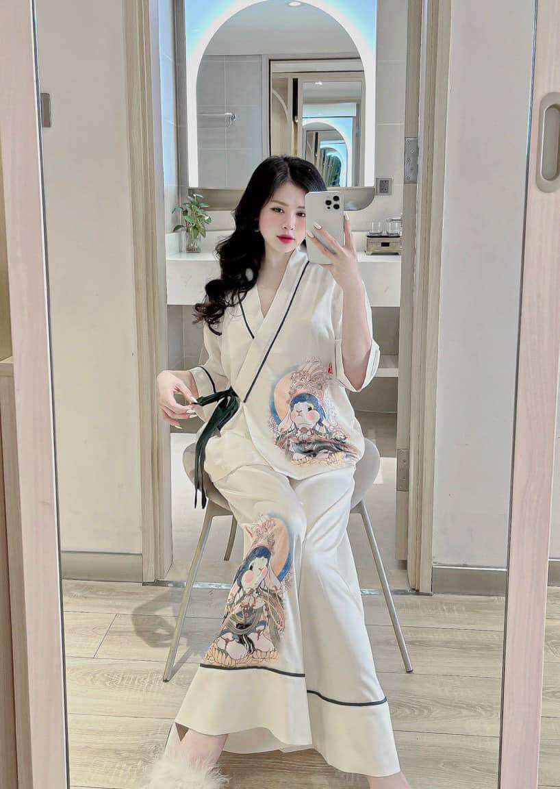 đồ bộ nữ pijama lụa xước kiểu dáng kimono dễ thương