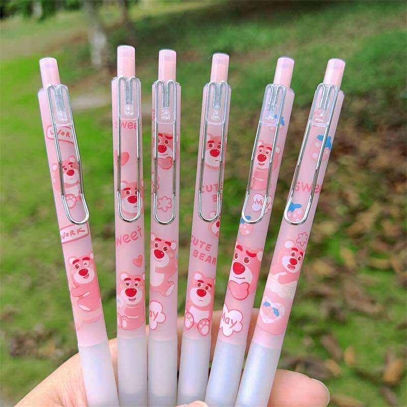 Bút gel bấm cute mực đen, bút bi gấu dâu ngòi 0.5mm