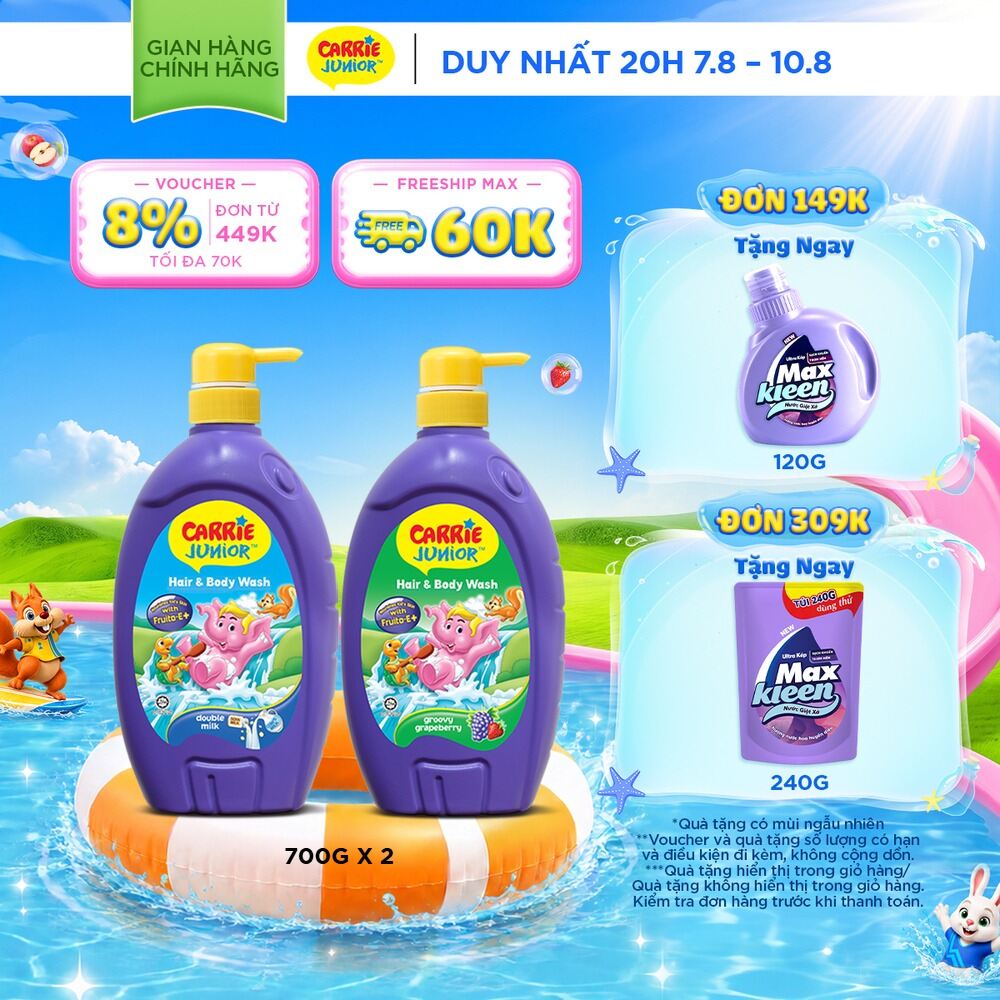Combo 2 chai Sữa Tắm Gội cho bé Carrie Junior chiết xuất trái cây thiên nhiên 700g/chai: 1 Hương Grapeberry + 1 Tinh Chất Sữa