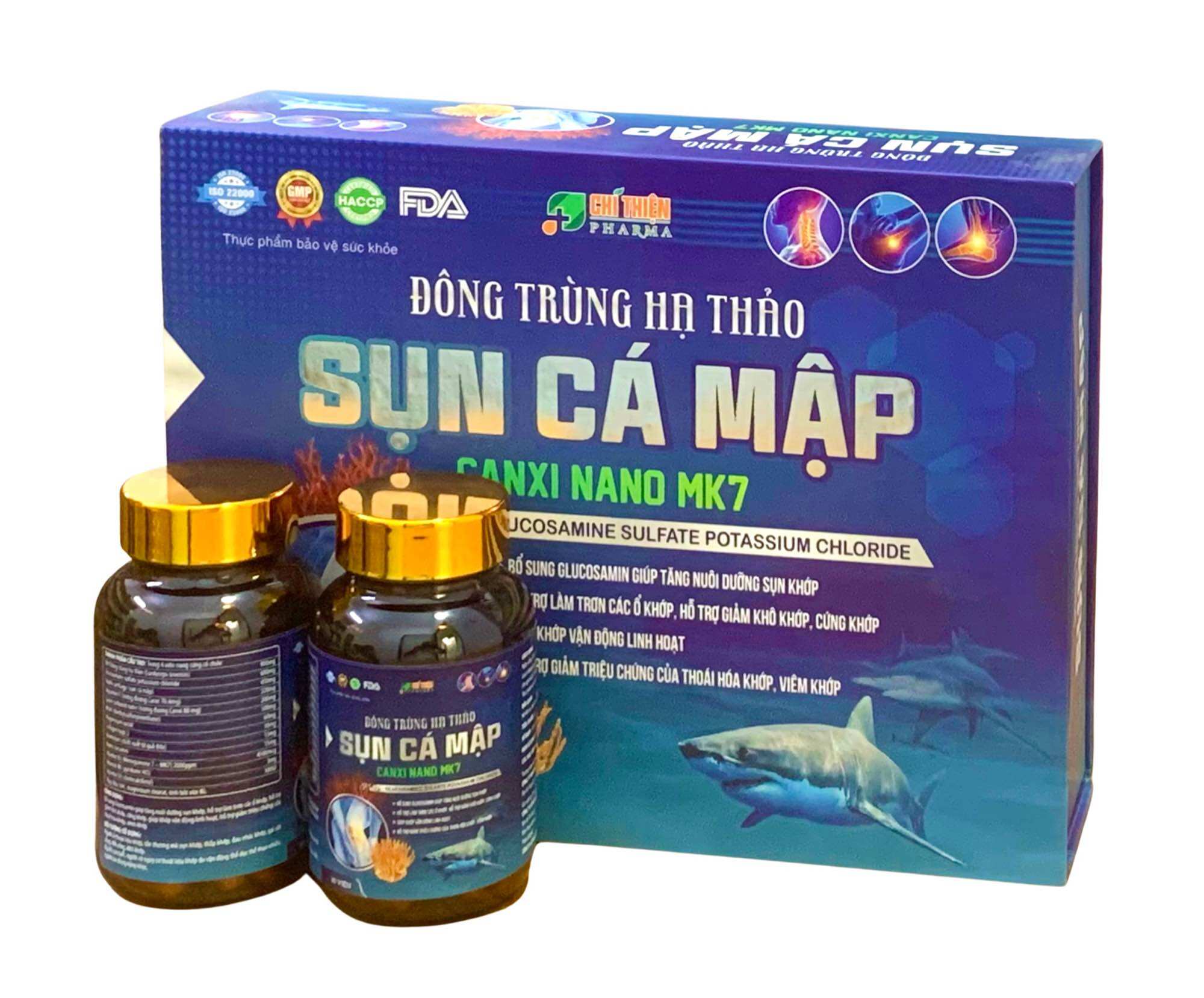 Viên uống Đông trùng hạ thảo Sụn cá mập Canxi nano MK7 - Hộp 2lọ x 30 viên