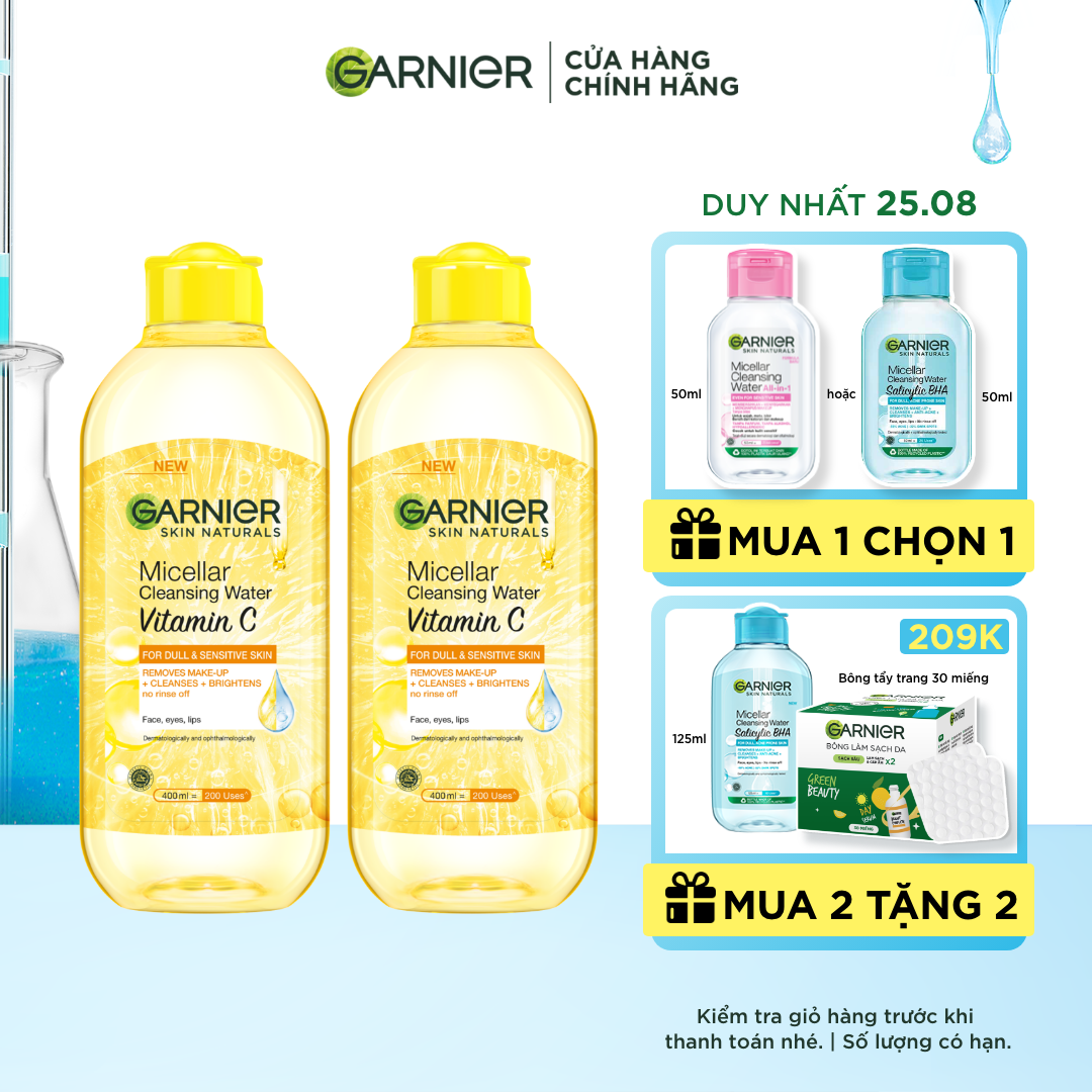 Bộ 2 nước tẩy trang làm sạch sâu dịu nhẹ & sáng da Vitamin C chiết xuất Yuzu tự nhiên, cho mọi loại da - Garnier Micellar Cleansing Water 400mlX2 - Kitting