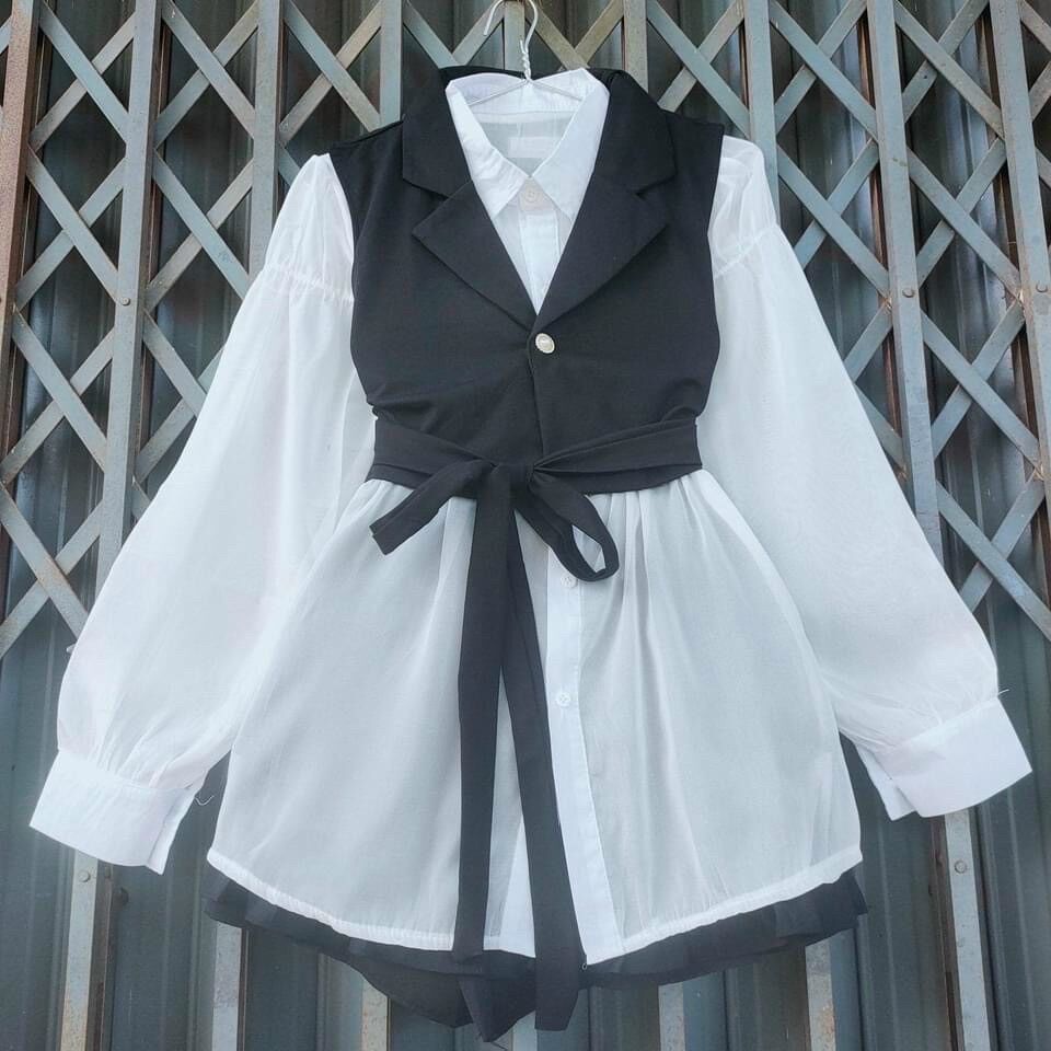Set áo sơ mi voan mỏng nhẹ phối áo gilê croptop siêu xinh