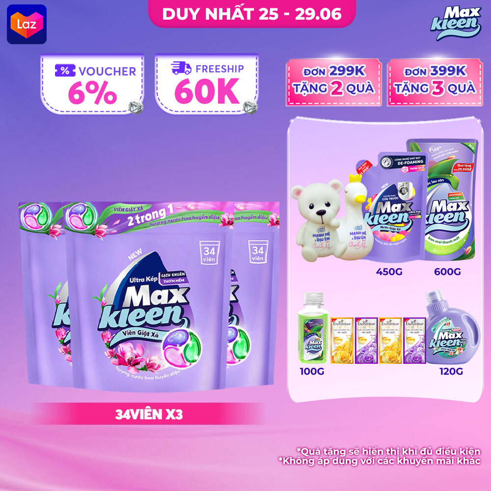 Combo 3 Túi Viên Giặt Xả MaxKleen Hương Huyền Diệu (34 viên/túi)