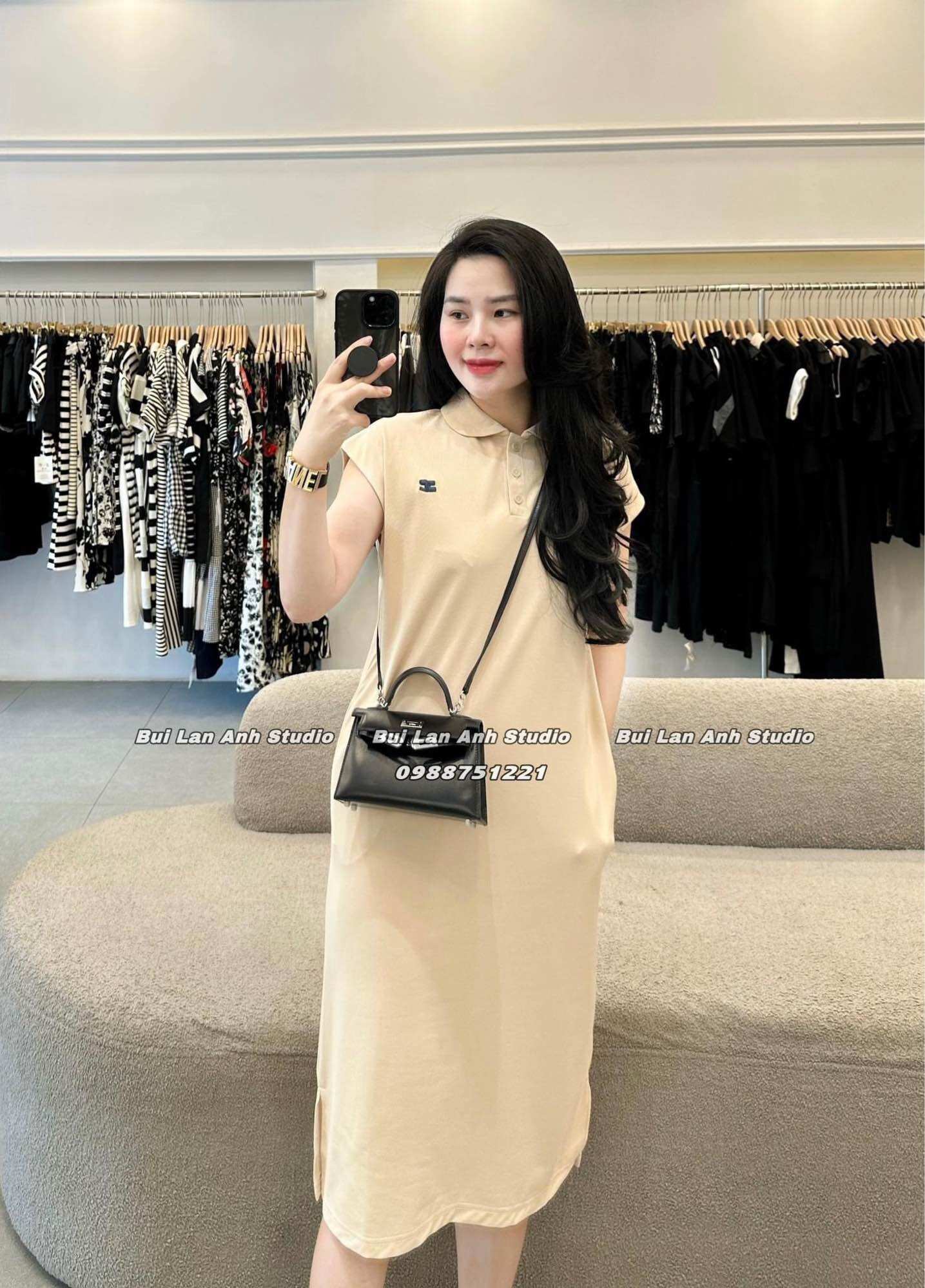 Đầm polo suông cổ sen thêu 3 màu be xám than cho nữ