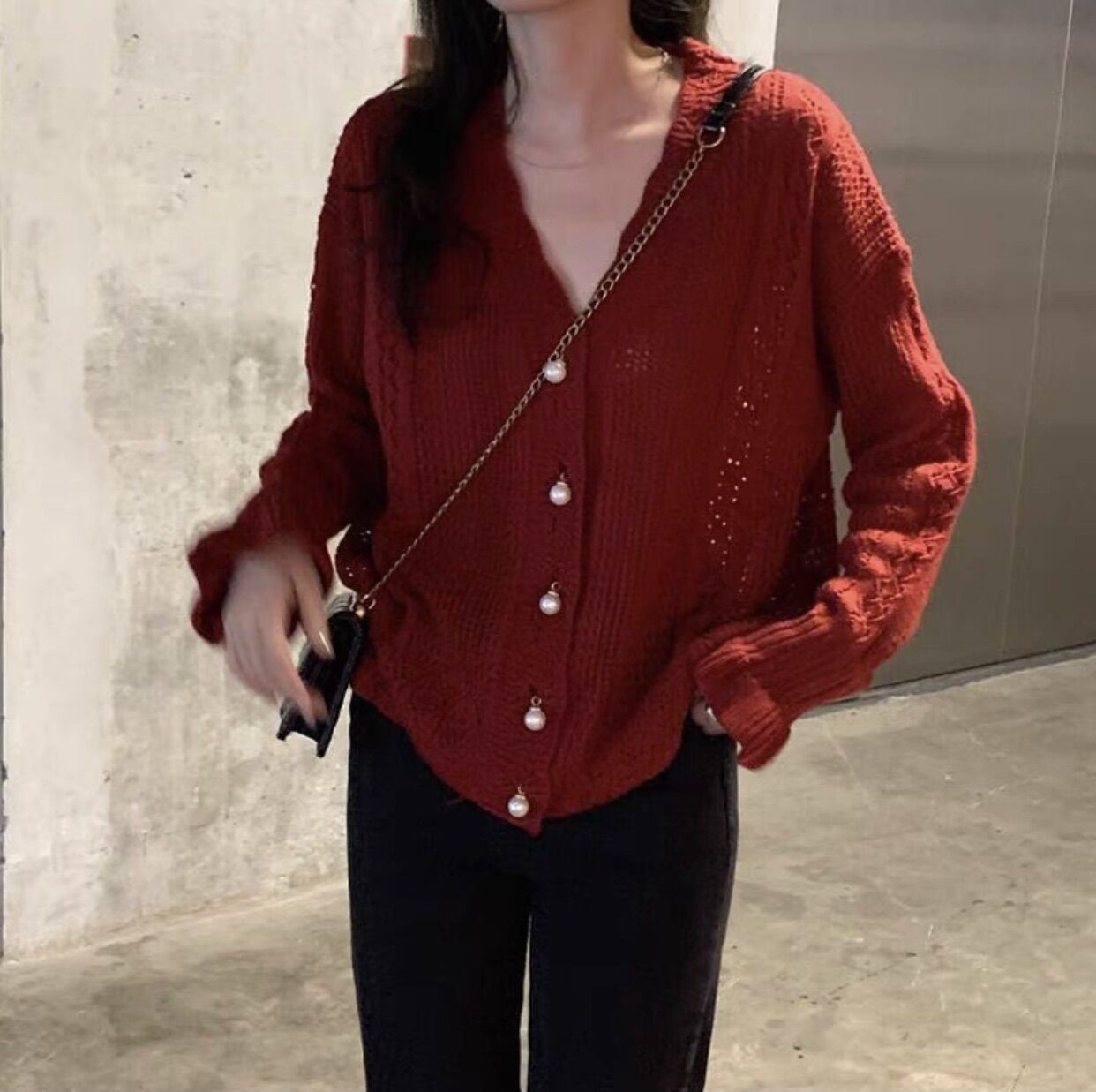 Áo Len Nữ Cardigan Ren Lỗ Cúc Ngọc Vintage Siêu Dễ Thương