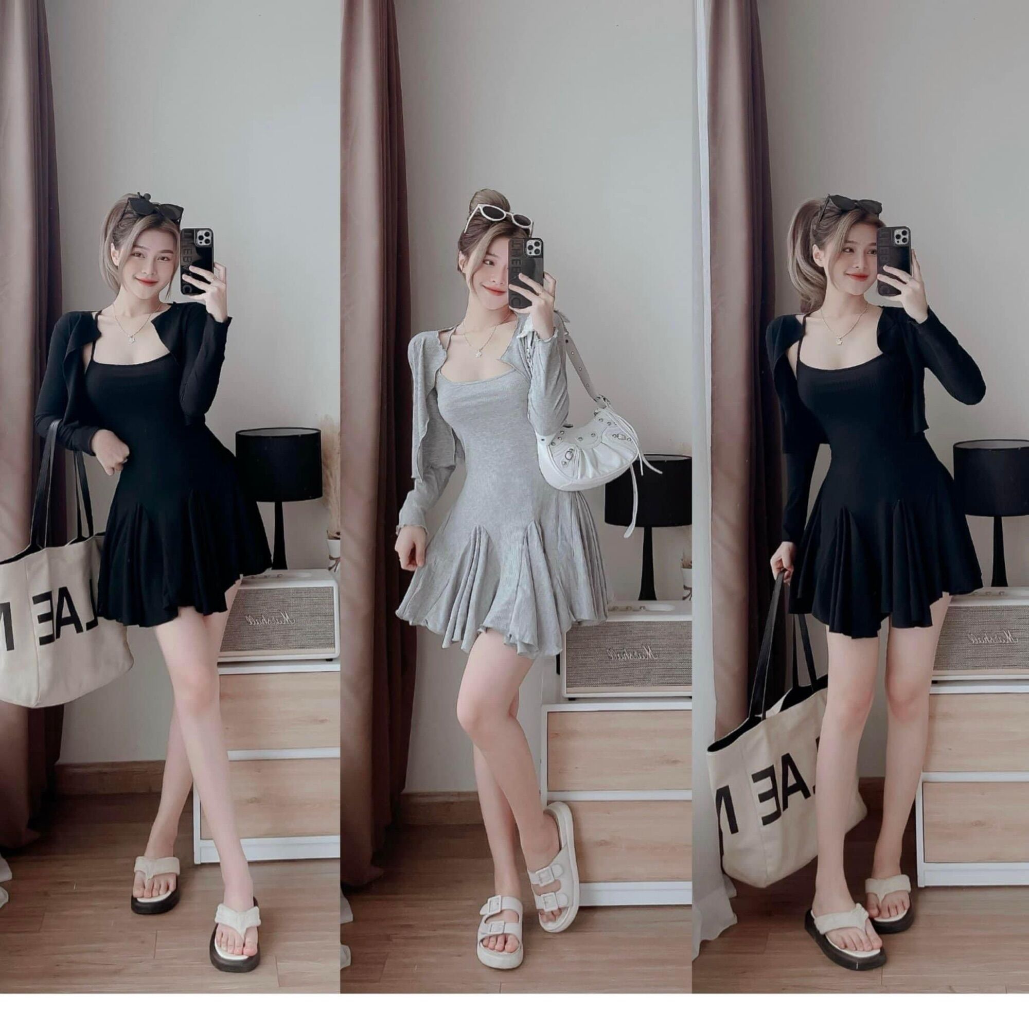 Set đầm dây xoè kèm áo khoác sang xịn mịn SE2
