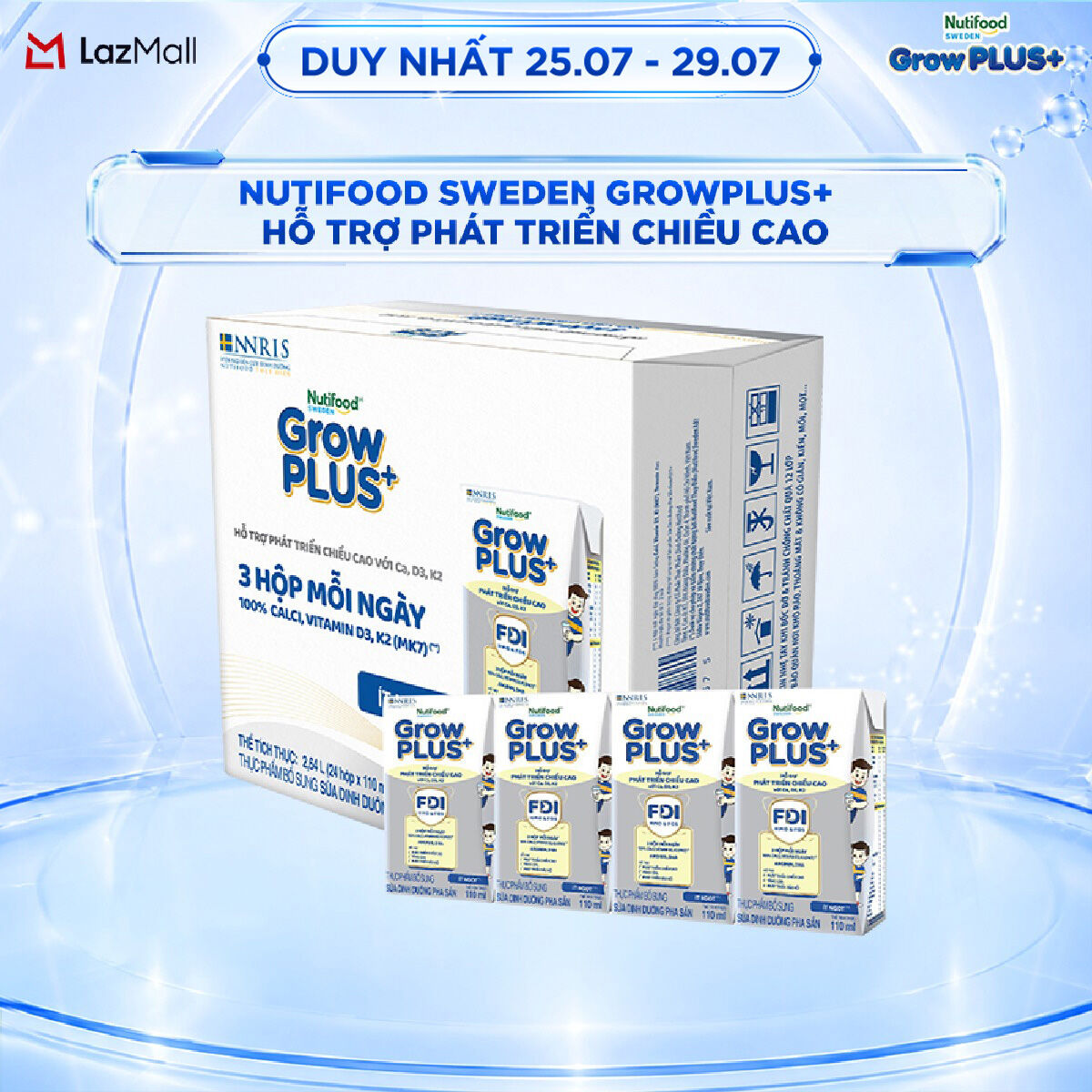 Sữa Bột Pha Sẵn Nutifood Sweden GrowPLUS+ Cao lớn vượt trội - Hỗ trợ phát triển chiều cao hộp 110 ml (24 hộp x 110ml)