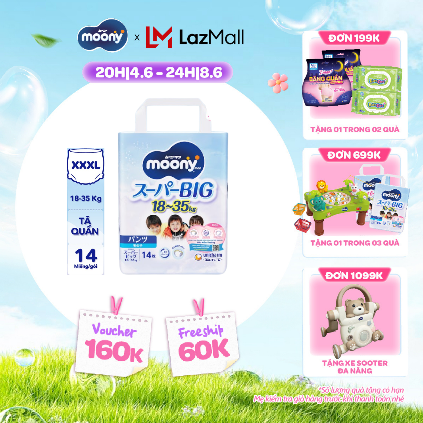 [QUÀ TẶNG HẤP DẪN TỪ 9-10.6] Tã quần cao cấp Moony Bé Trai XXXL14 miếng - Nhập khẩu từ Nhật Bản