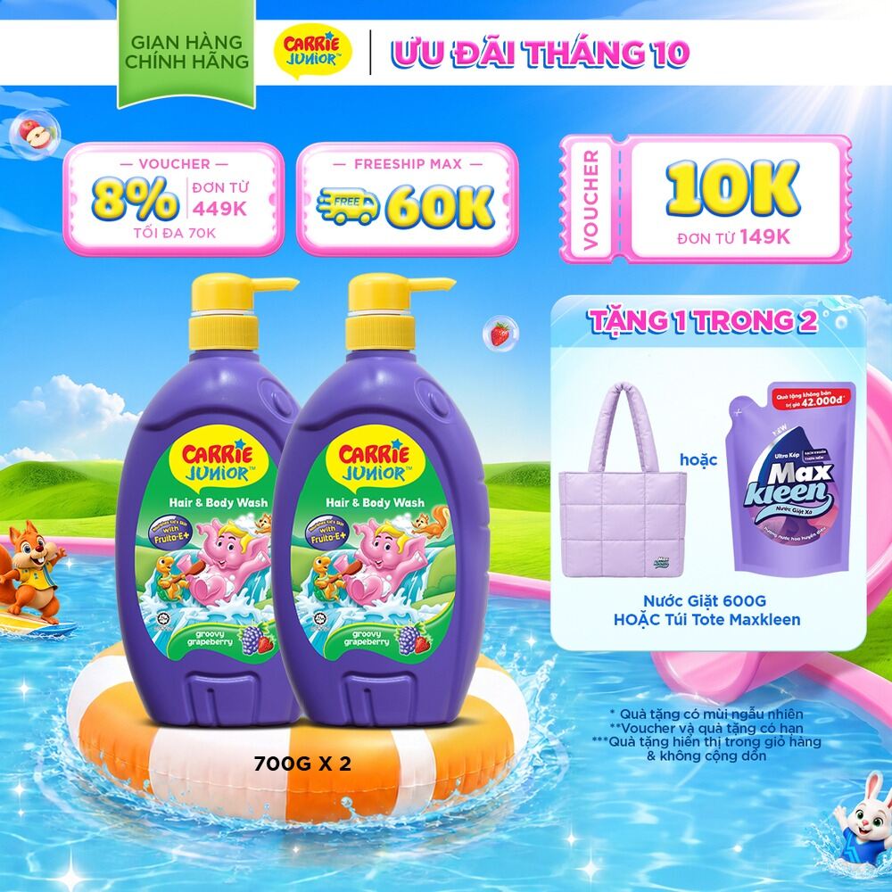 Combo 2 Sữa Tắm Gội cho bé Carrie Junior chiết xuất trái cây thiên nhiên Hương Grapeberry (700g/chai)