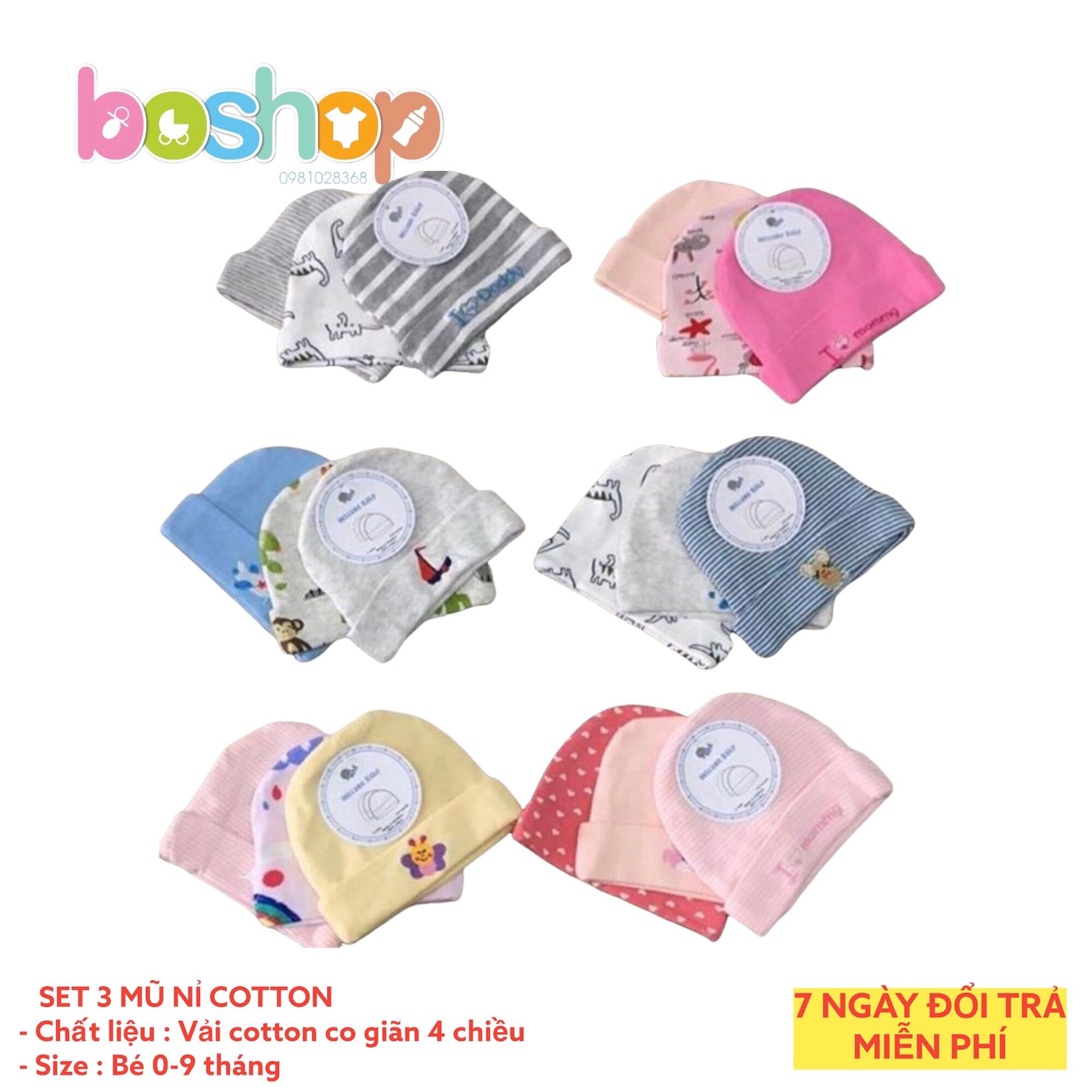 Set 3 mũ / nón chất liệu nỉ cotton thu đông thêu hình cho bé 0-3 tháng