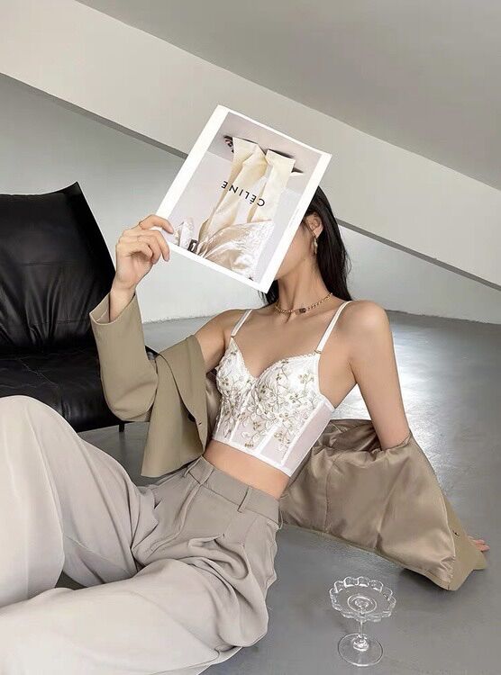 Áo bra corset ren thêu hoa có gọng mút