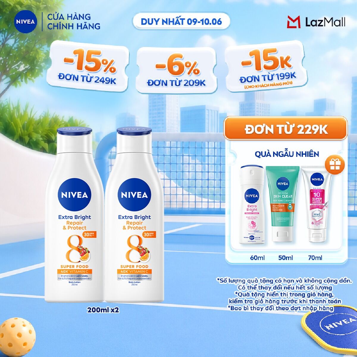 Bộ 2 Sữa Dưỡng Thể NIVEA Extra Bright Phục Hồi  Chống nắng(200ml x2) - 88310x2