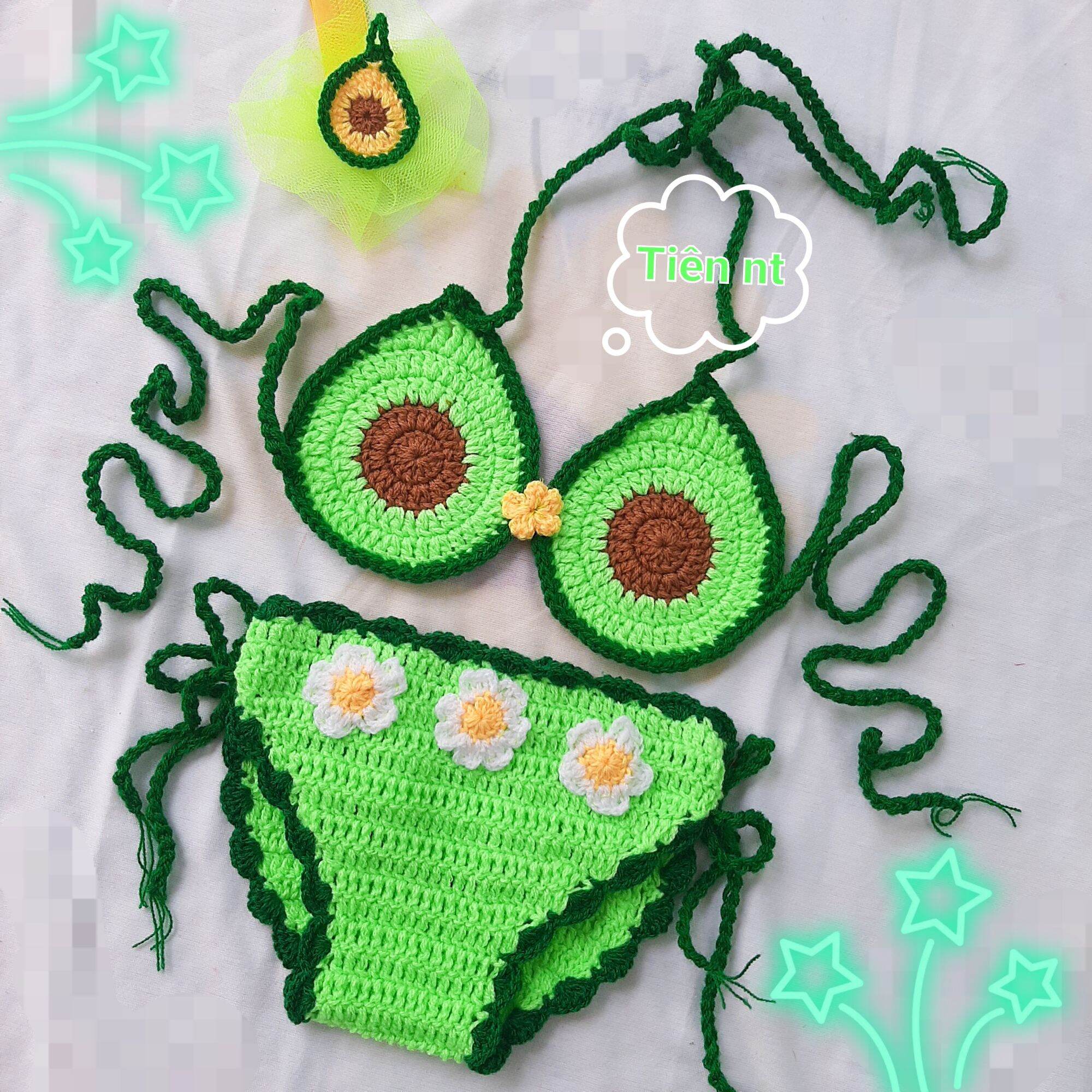 Đồ bơi đồ đi biển bikini 2 mảnh trái bơ len cho bé gái , đồ bơi len handmade cho bé