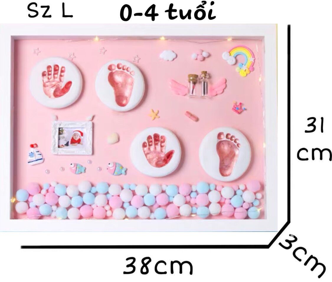 (In 2 ảnh miễn phí - Tặng thêm 1 khung ảnh nhỏ)Set 2 size M-L Khung in dấu chân tay bé