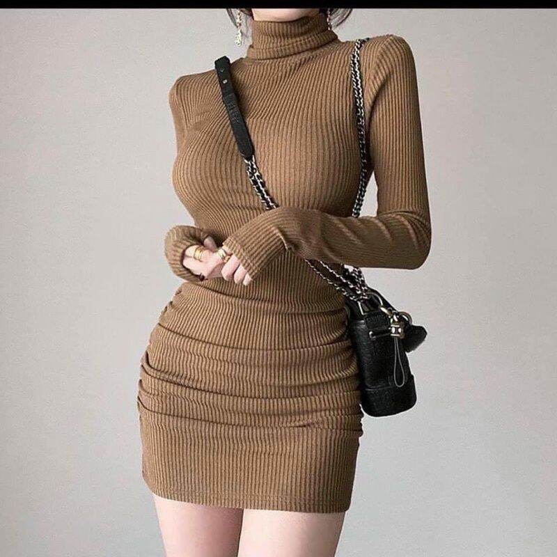 đầm body cổ cao tay dài chất thun gân