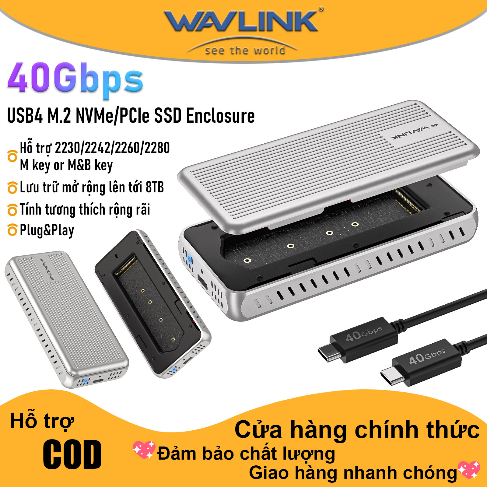 WAVLINK M.2 NVMe SSD Enclosure 40Gbps USB4 SSD Enclosure 2230/2242/2260/2280 PCIe M-Key/(B+M) Key So