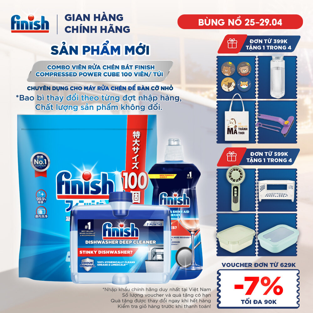 Combo Finish: Viên Rửa Chén Finish Nhật Bản Power Cube 100 Viên + Nước Làm Bóng + Dung Dịch Tẩy Rửa Máy Rửa Chén Bát