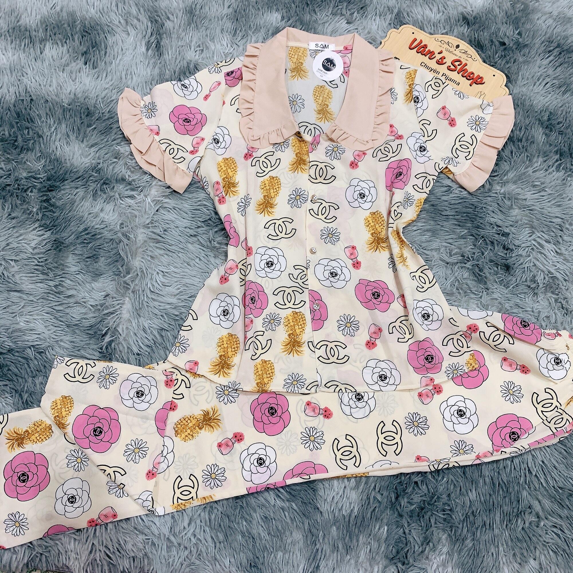 Bộ pijama tay ngắn quần dài lụa mango, cổ sen/sen bèo, Freesize