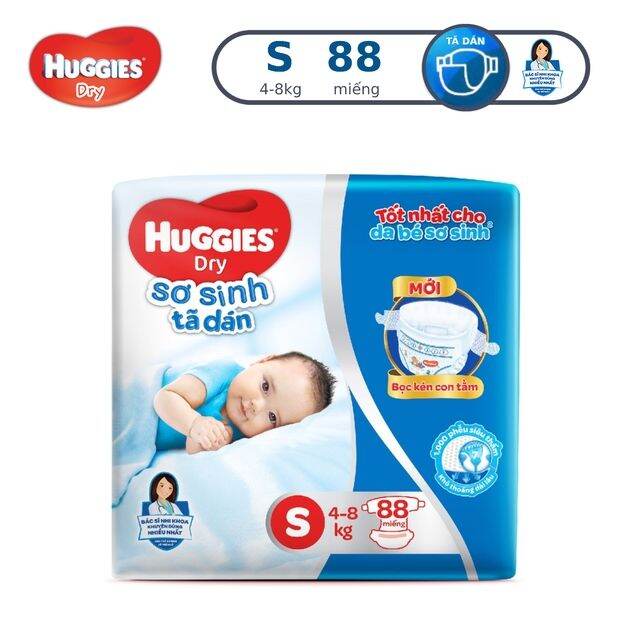 [Tặng 8 miếng] Tã dán sơ sinh Huggies S 88 miếng. Date 2024