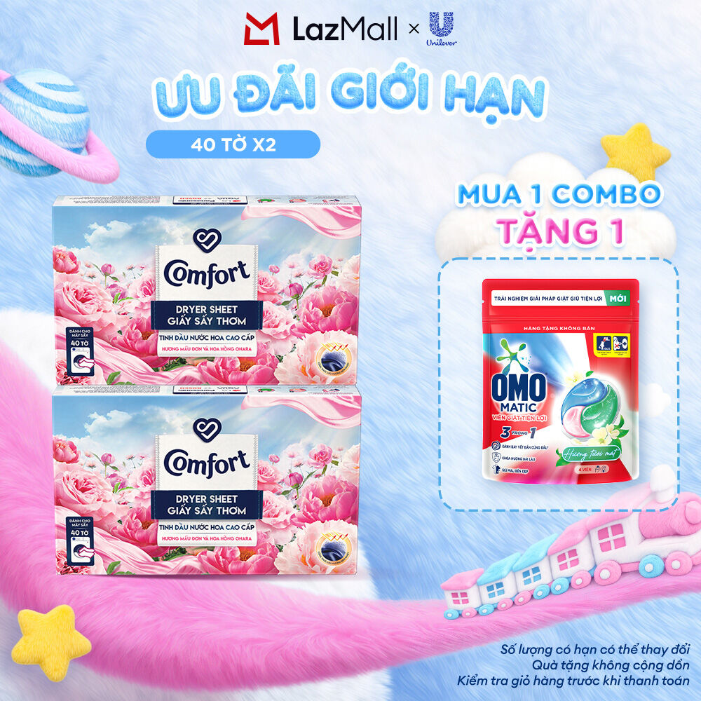 Combo 2 Hộp Giấy Thơm Comfort Hương Mẫu Đơn Và Hoa Hồng Ohara 40 tờ/hộp, Dành Cho Máy Sấy Quần Áo, Tủ Quần Áo