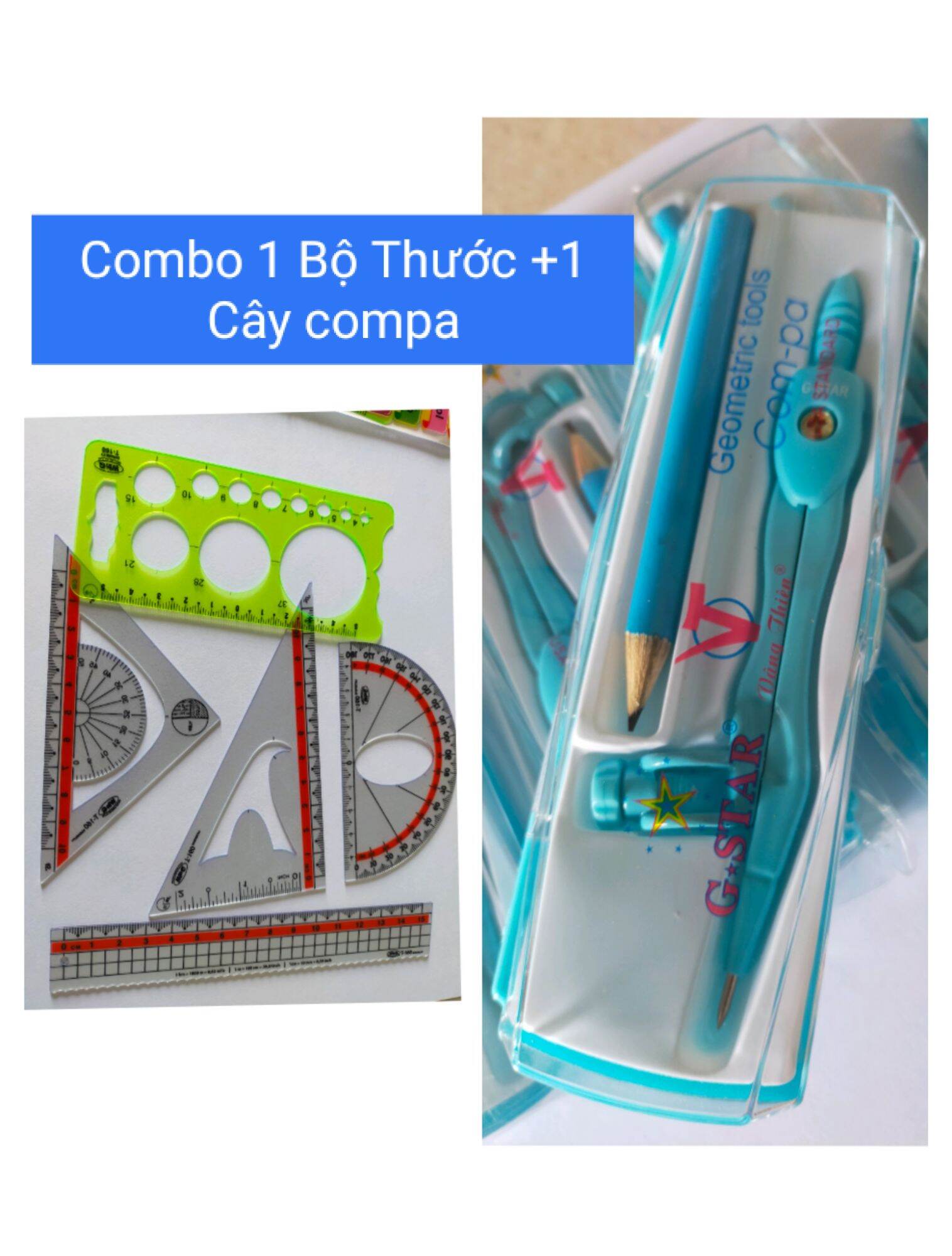 Combo 1 Bộ  Thước  Hình Học và 1 Cây Compa