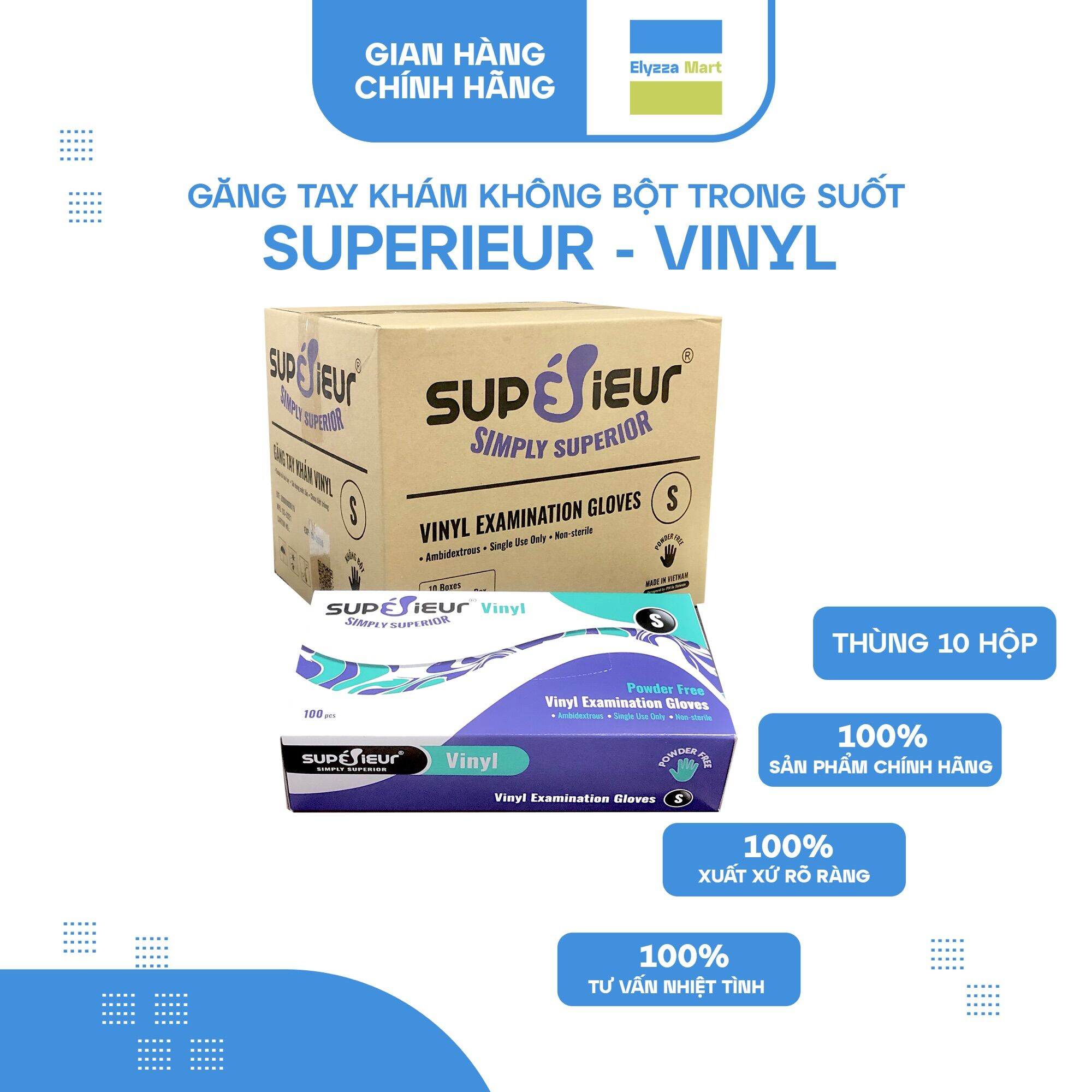 [HCM]Thùng 10 Hộp Găng Tay Y Tế Vinyl Superieur Không Bột Trong Suốt