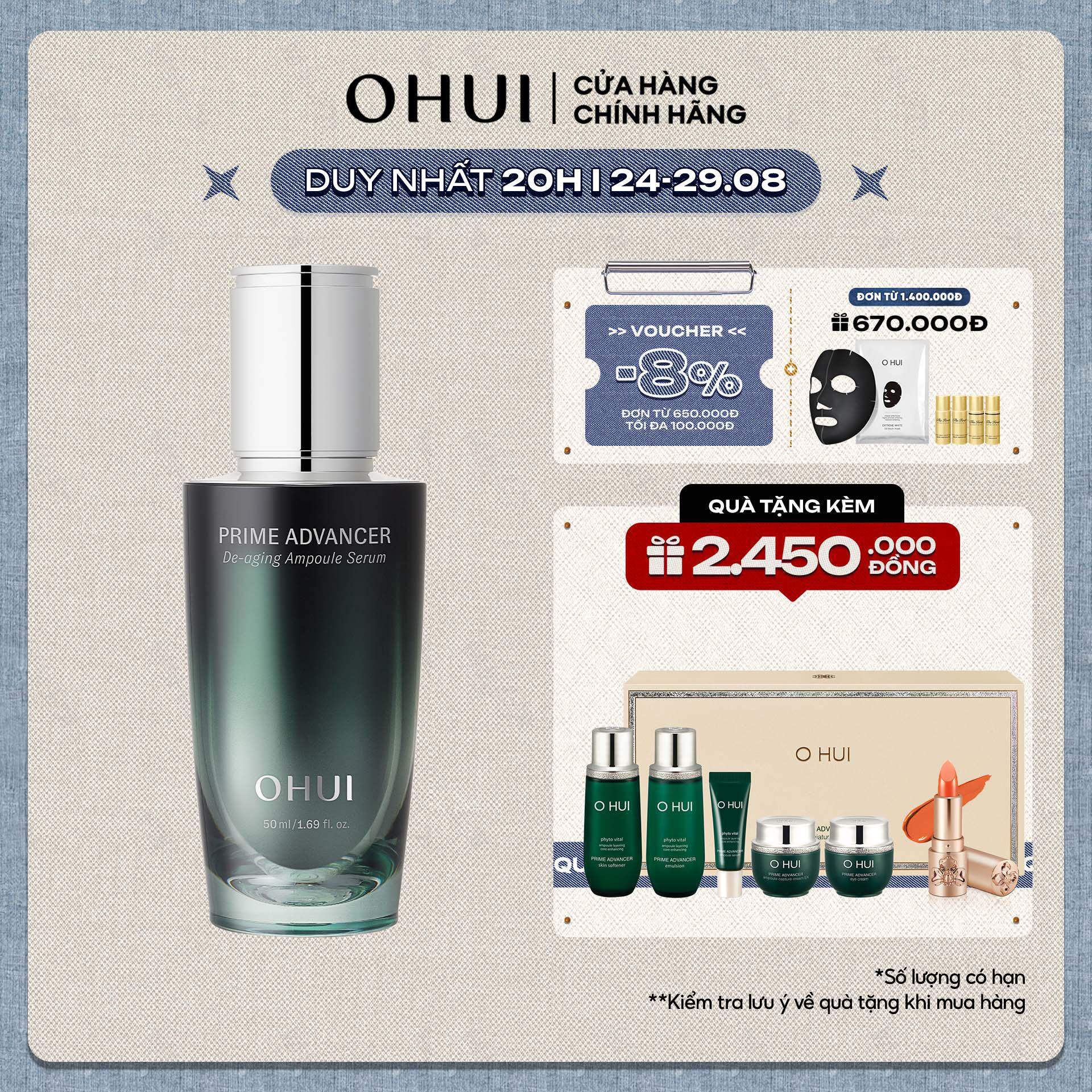 Tinh chất chống lão hóa sớm đa tầng OHUI Prime Advancer De-Aging Ampoule Serum 50ml