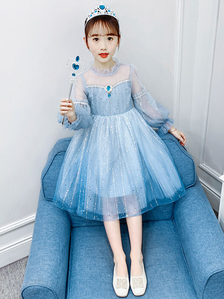 Váy Công Chúa Elsa Cho Bé Gái Váy Mùa Xuân Thu Thời Trang Cho Trẻ Em Váy Phong Cách Frozen Bằng Vải Lưới Dài Tay Màu Trơn