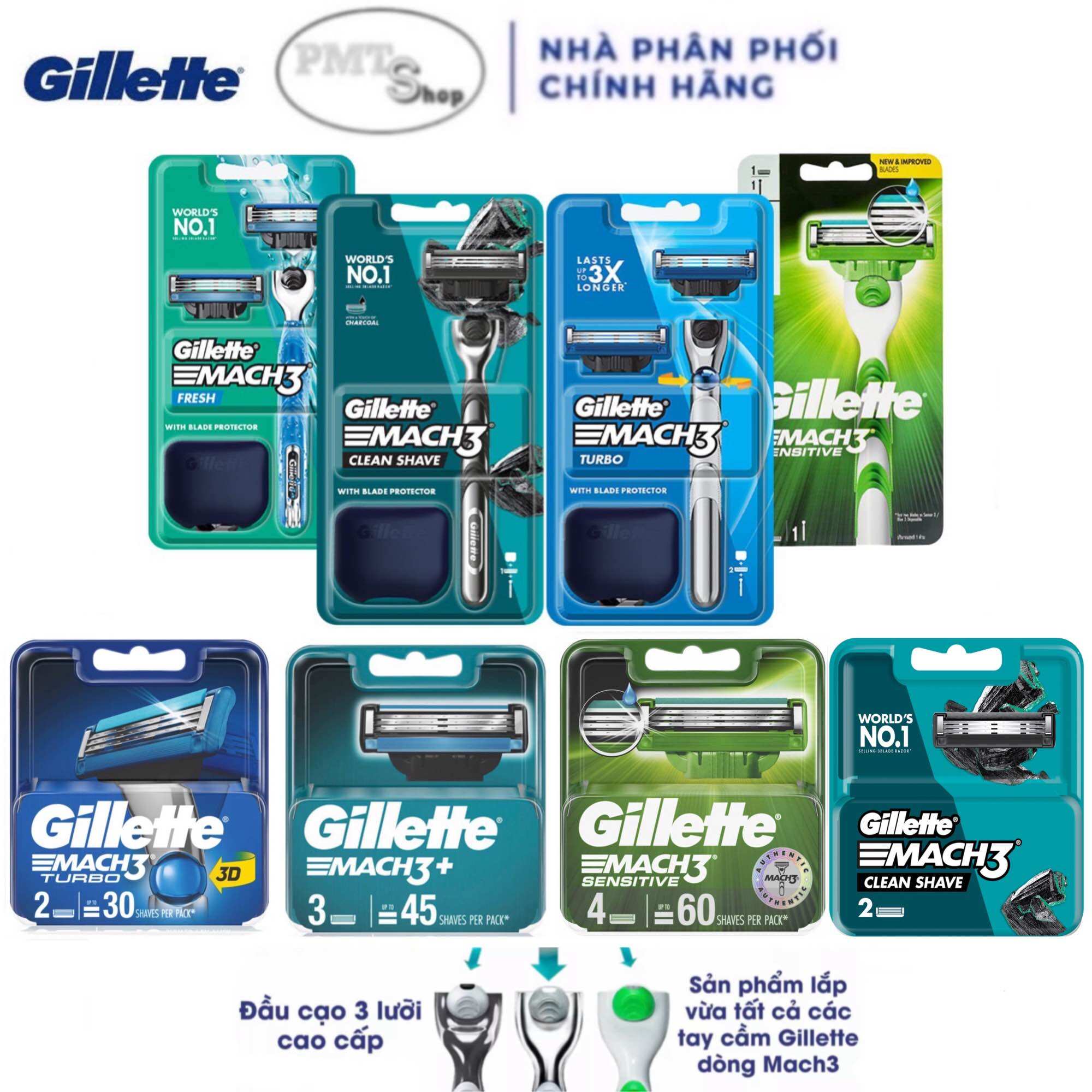 Dao Cạo Râu Gillette Mach 3 Turbo 3D Sensitive Mach3+ Clean Shave Bộ cán / Hộp Lưỡi Thay Thế Mach3 Fresh