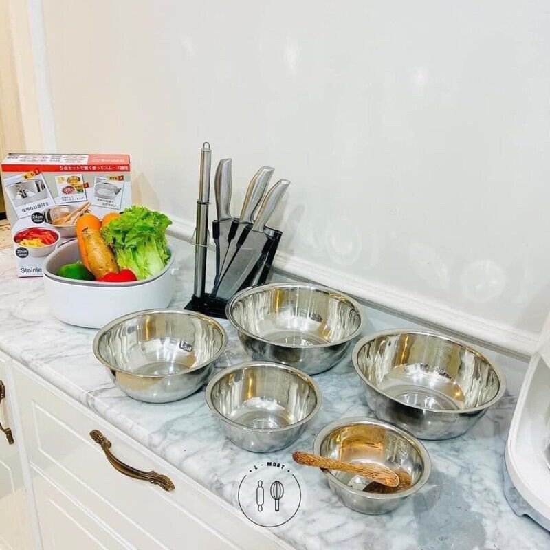 - Bộ 5 tô inox 304 chia vạch chống rỉ sét cao cấp