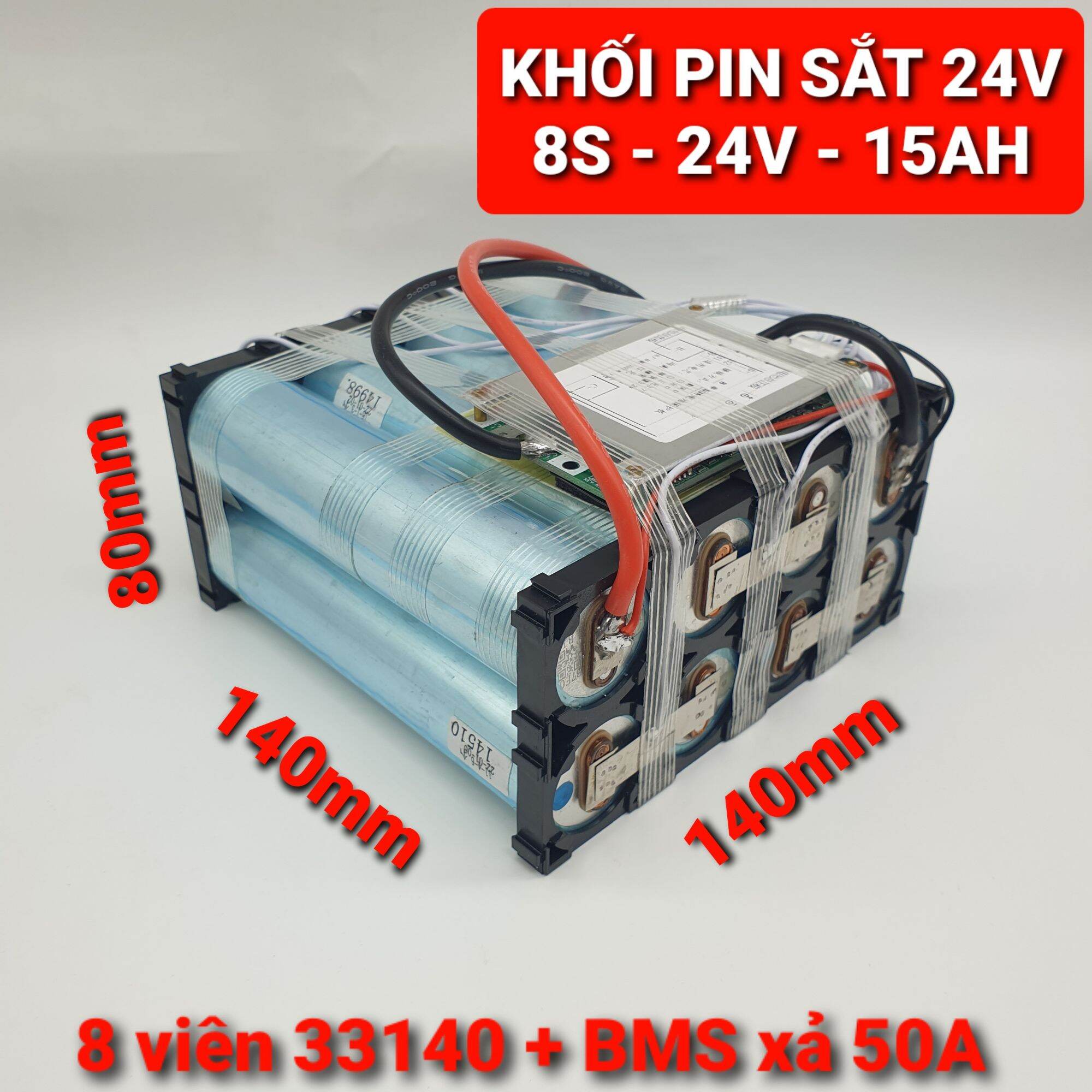 Achun.vn - khối pin sắt 8s - 24v - 15ah - 8 viên 33140 mạch xả 50a