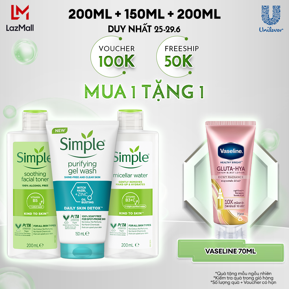 Combo Simple Tẩy trang Micellar 400ml hoặc 200ml/Sữa dưỡng ẩm 125ml + Sữa rửa mặt 150ml + Nước hoa hồng 200ml ngừa mụn hiệu quả [CHÍNH HÃNG ĐỘC QUYỀN]