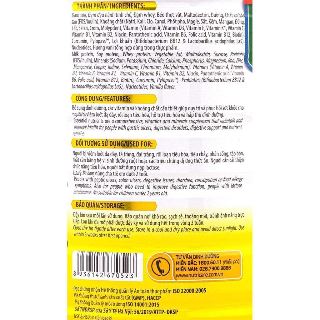 Sữa bột Nutricare Gastro / Sữa cho người đau dạ dày / Nutricare . Lon:900g . Dành cho người viêm loét dạ dày . Đau dạ dày