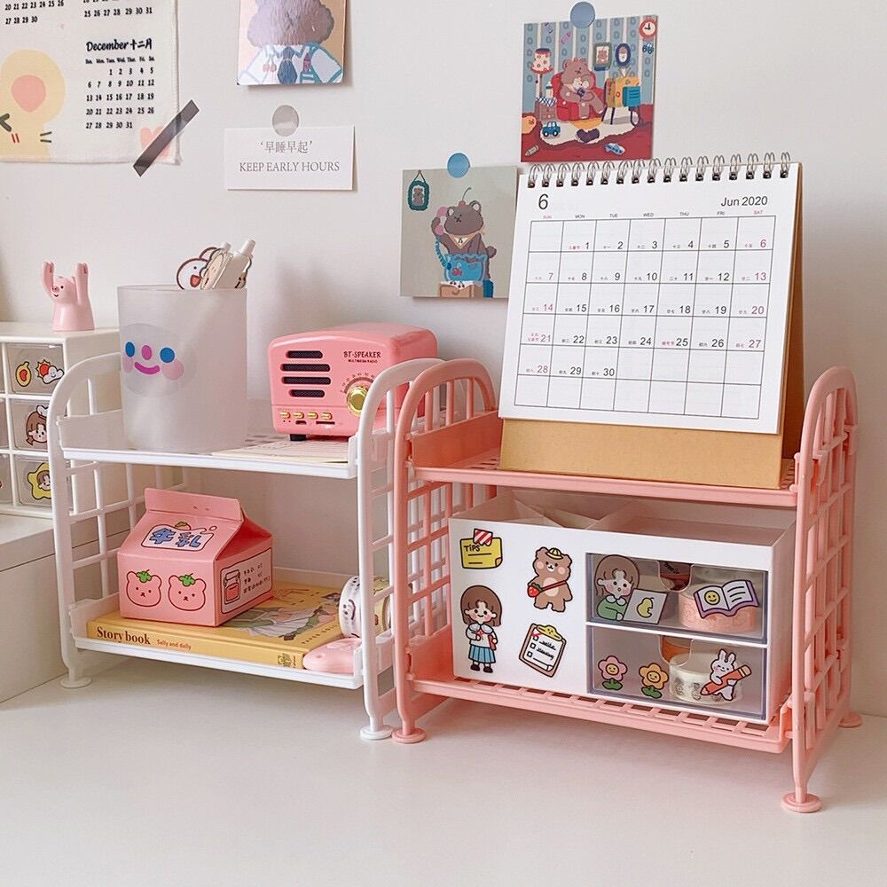 Kệ nhựa mini 2 tầng để đồ dùng học tập trang trí bàn học phong cách Hàn Quốc dành cho cô gái dễ thương