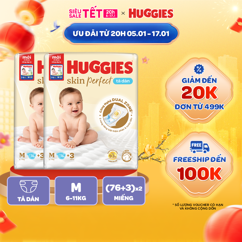 Combo 2 Tã/bỉm dánHuggies Skincare Super Jumbo M76+3/L68/XL60/XXL54