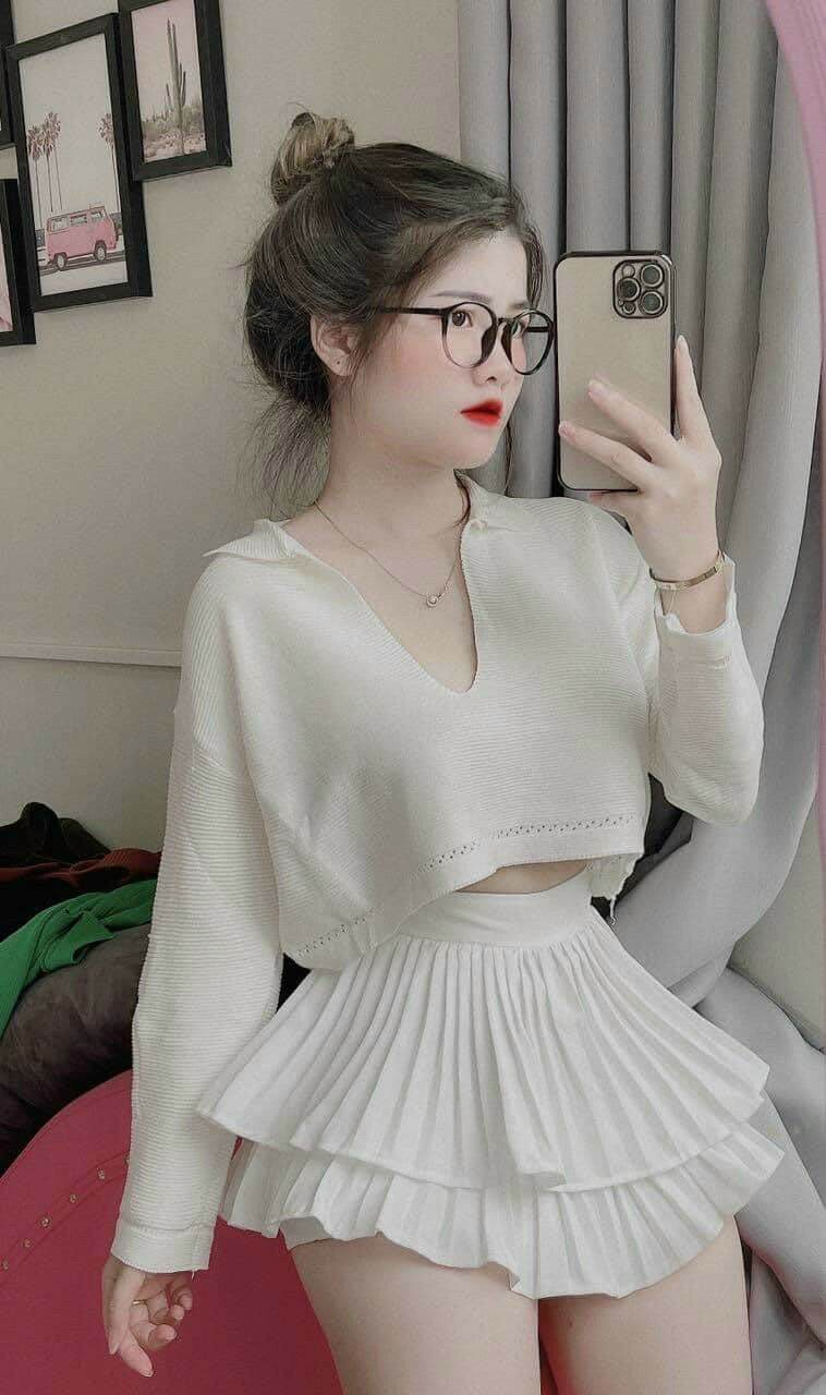 Set áo tay dài váy dập ly tầng full set