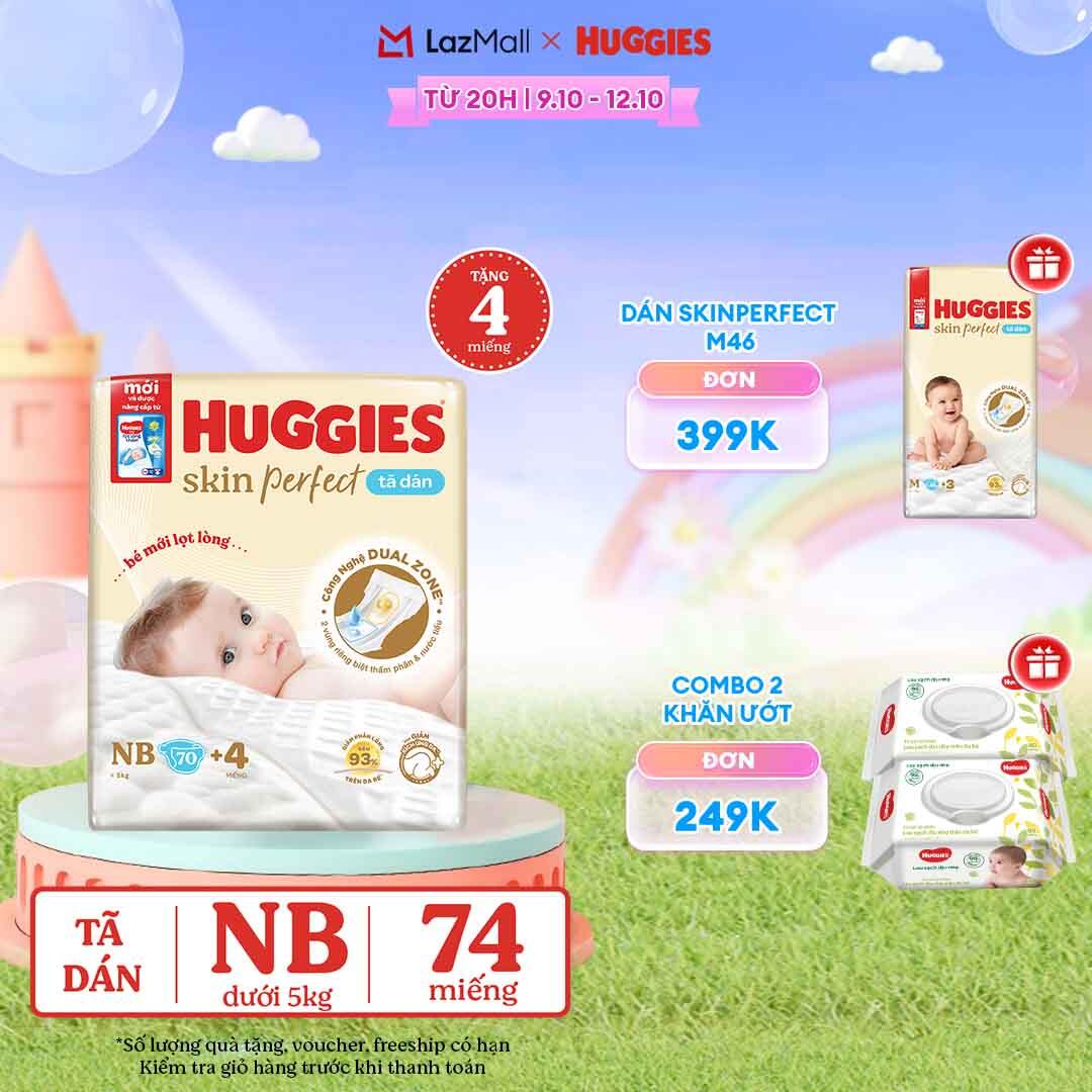 [CHỈ 20H 09-12/10 QUÀ TẶNG ĐƠN 0Đ]  Tã/bỉm dán sơ sinh Huggies Skin Perfect NB70 với 2 vùng thấm giảm kích ứng da (tặng miếng thay đổi theo từng đợt)