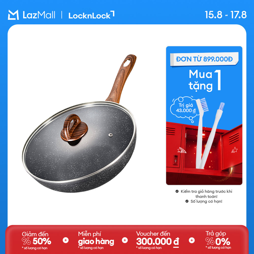 LBU1285 - Chảo nhôm sâu lòng chống dính Lock&Lock BAUM Marble 28cm, 1 tay cầm, nắp thủy tinh Dùng được bếp từ Hàng chính hãng