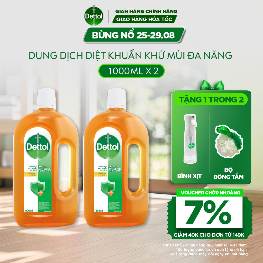 Combo 2 Chai Dung Dịch Diệt Khuẩn Khử Mùi Đa Năng Dettol, chai 1L