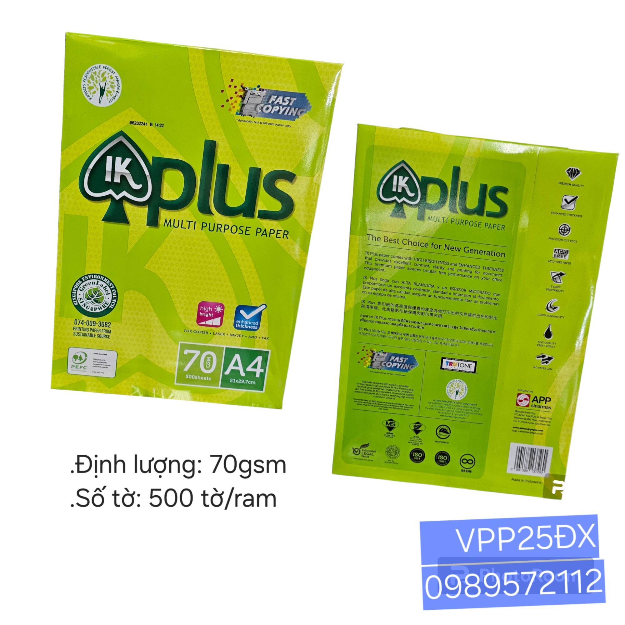 Giấy in A4 IK plus định lượng 70gsm