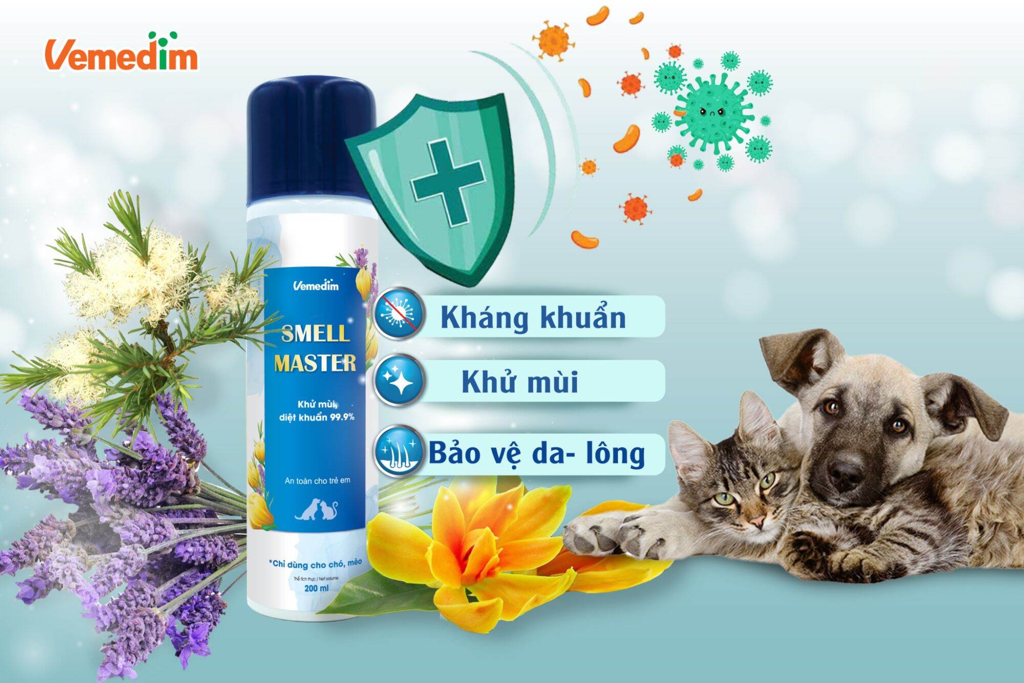 Smell Master -Khử mùi diệt khuẩn 99.9% trên da, lông thú cưng